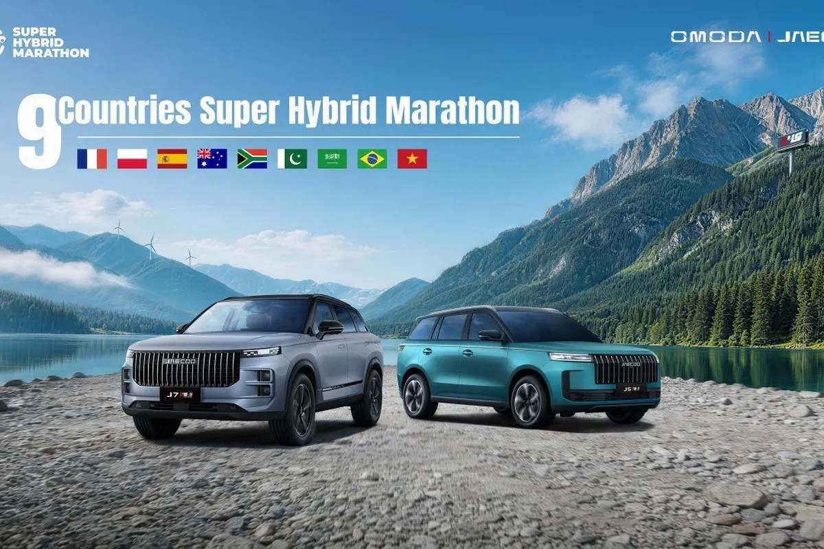 Promotional hero image for the 9 Countries Super Hybrid Marathon showing Jaecoo SUVs in mountain scenery