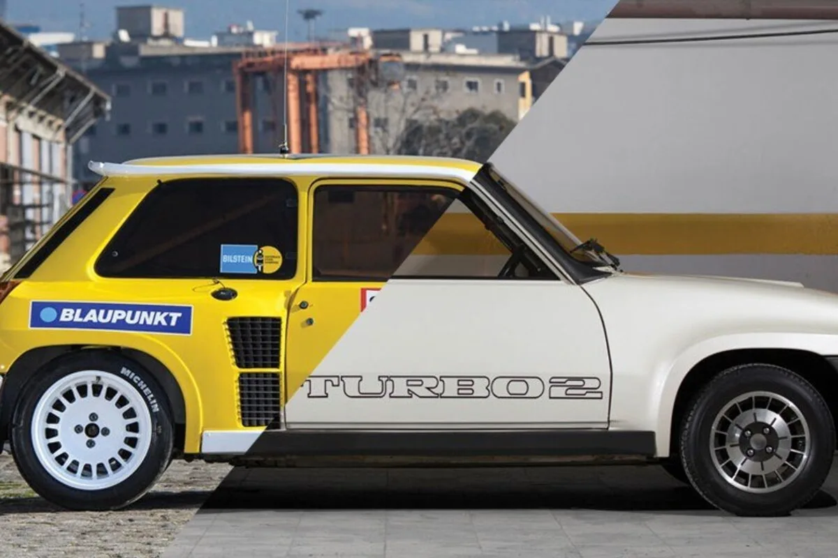 Composite side-profile image of a Renault 5 Turbo 2 in yellow and white in an industrial setting