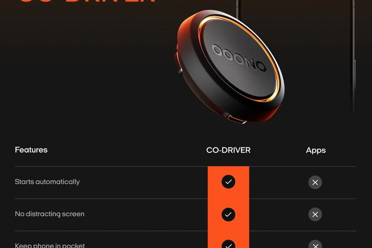 OOONO graphic comparing CO-DRIVER with traffic apps using check marks and orange highlights