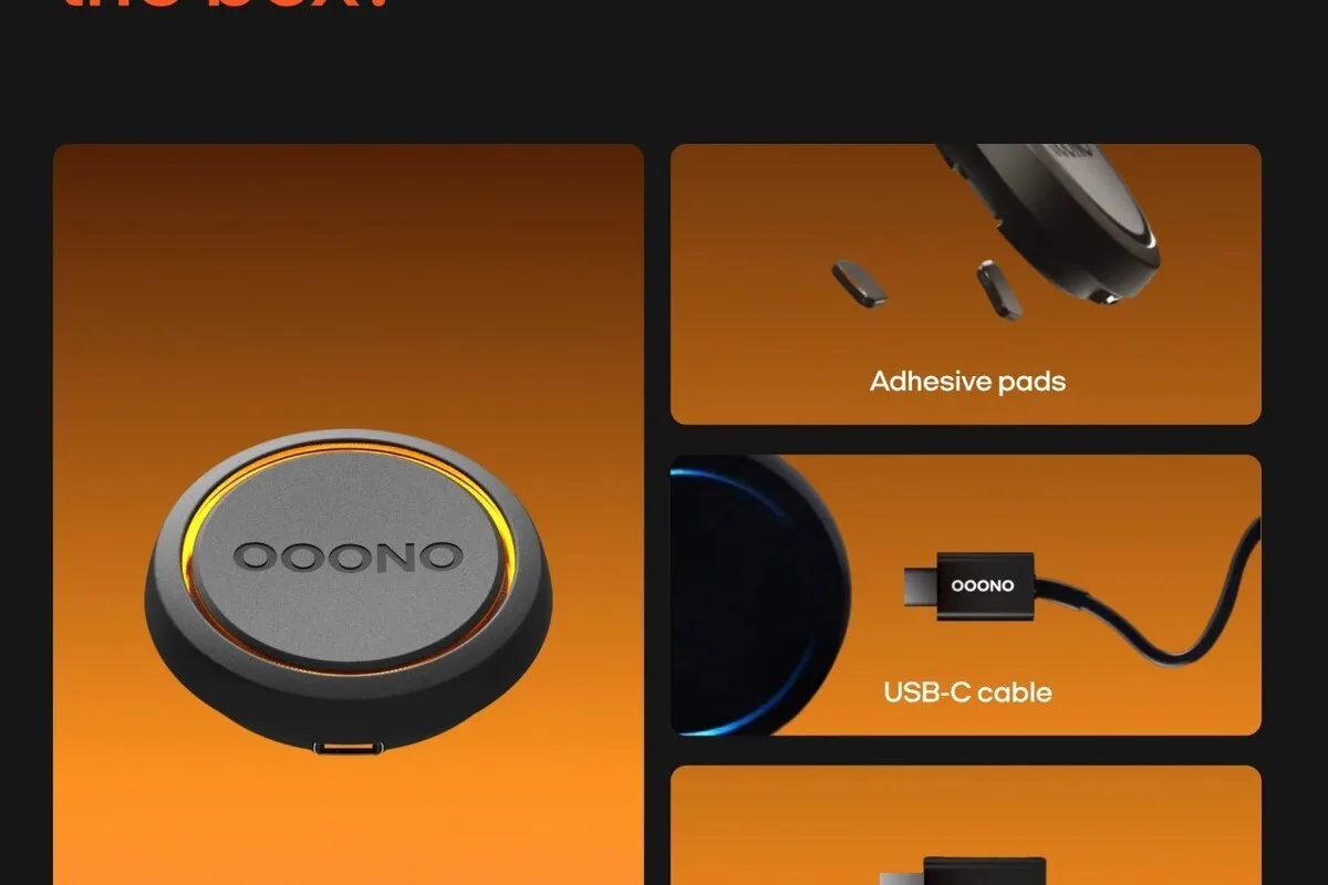OOONO graphic showing what is in the box including CO-DRIVER NO2, adhesive pads, USB-C cable, and USB adapter