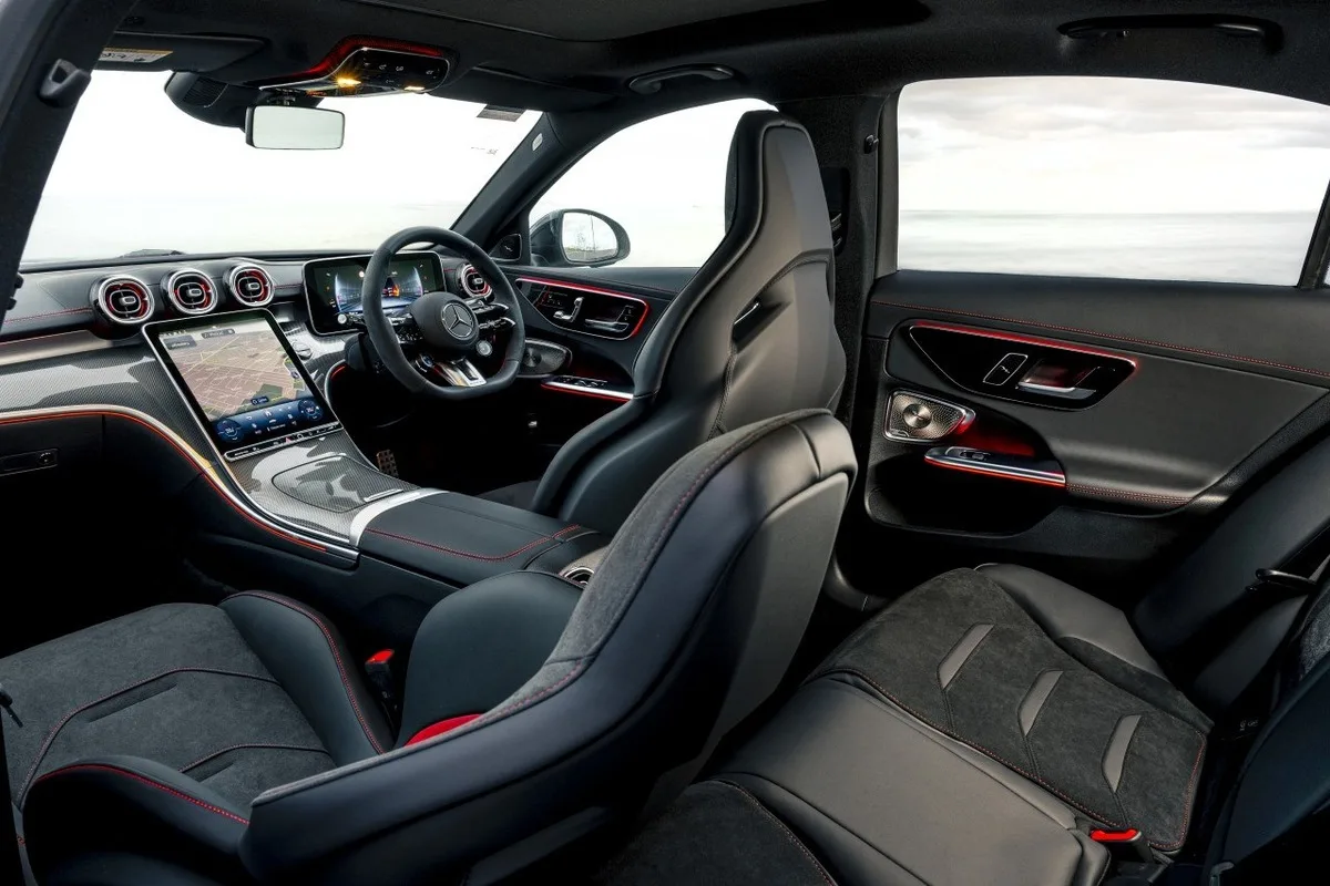 Mercedes-AMG C 43 Edition R+ right-hand-drive cabin with AMG Performance seats, red stitching and portrait MBUX touchscreen