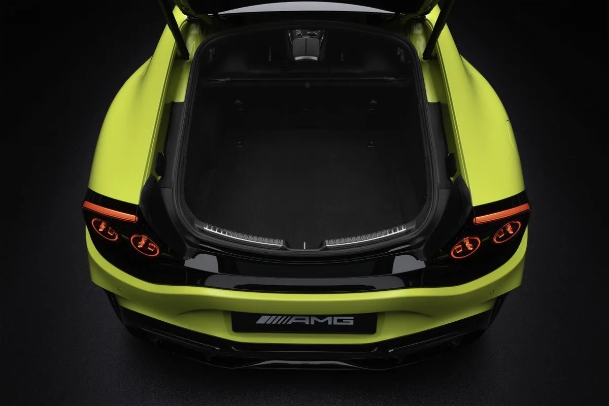 2026 Mercedes-AMG GT 4-Door Coupe EV open boot with rear lights visible