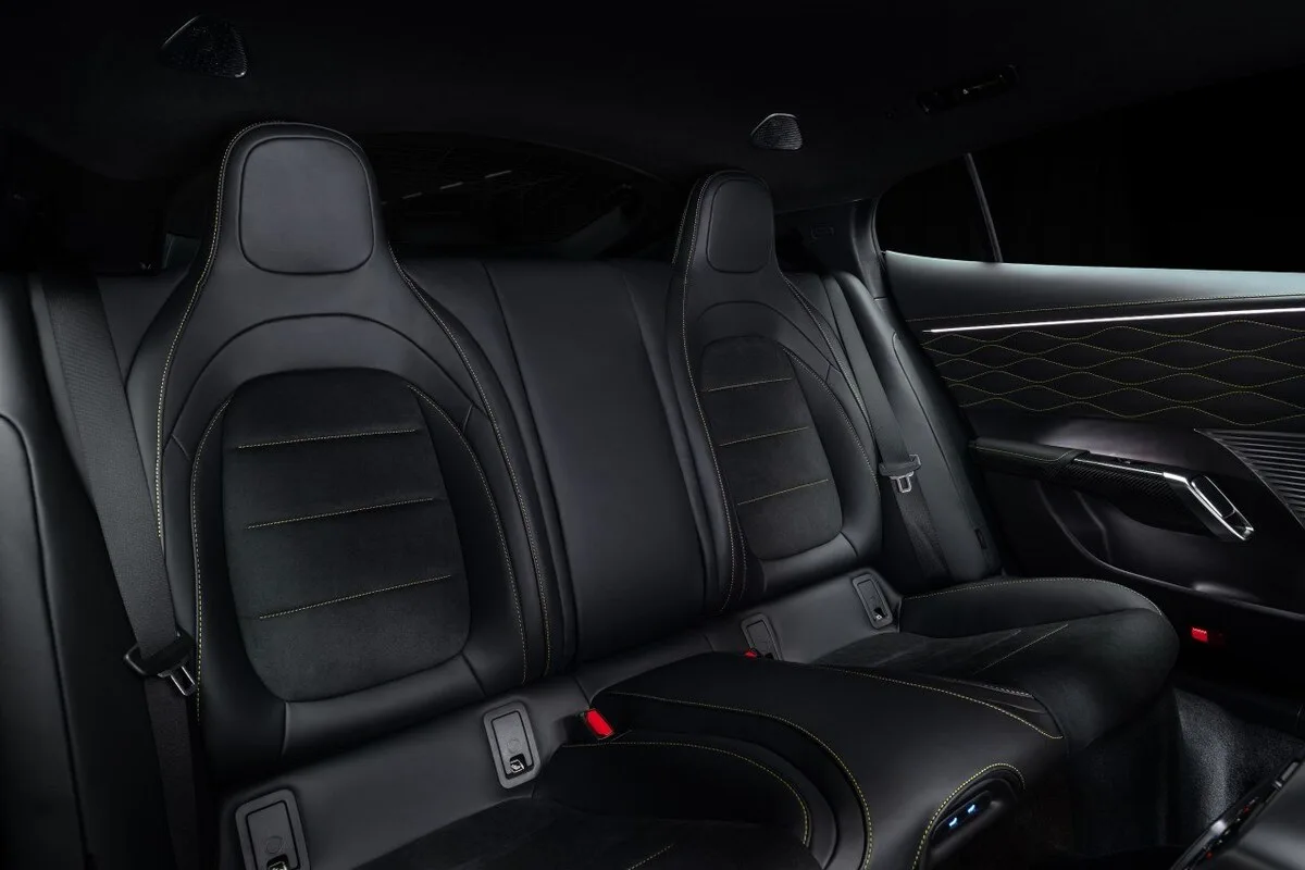 2026 Mercedes-AMG GT 4-Door Coupe EV rear seats with black trim and yellow stitching