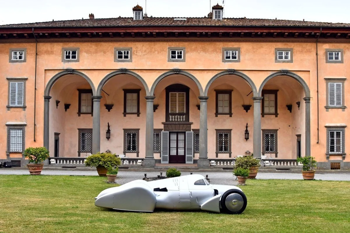 Auto Union Type 52 displayed on the lawn at a historic villa near Lucca.