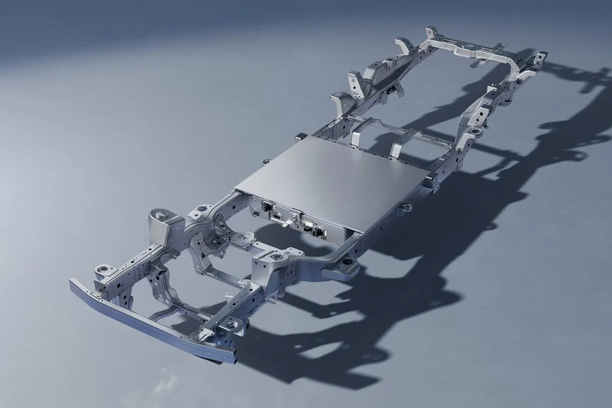 BYD Shark 6 technical platform render showing the ute body and underbody layout.