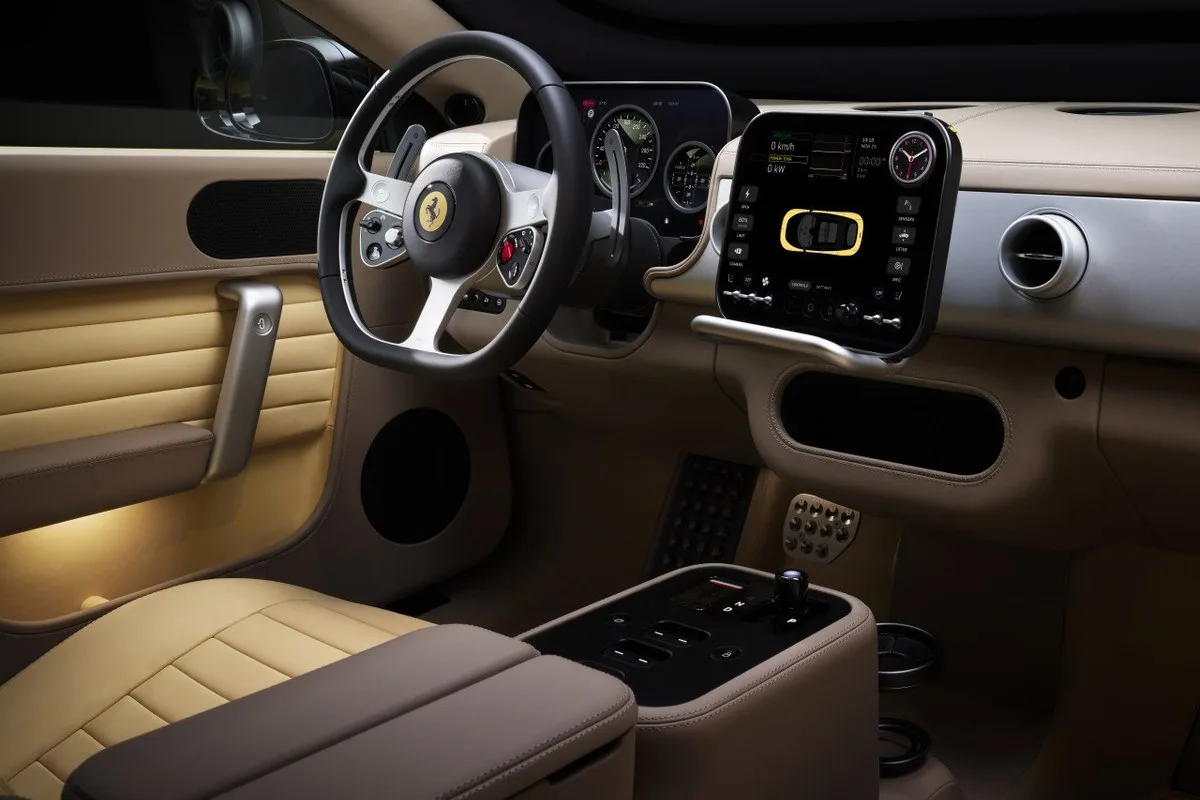 Ferrari Luce beige front cabin with steering wheel, instrument cluster and touchscreen