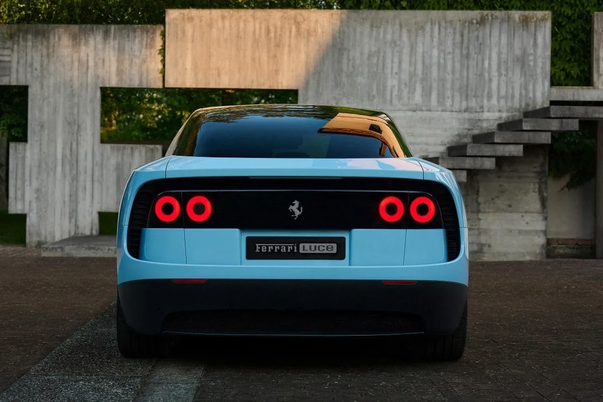 Ferrari Luce rear view showing pale blue bodywork, black rear panel and circular tail lights