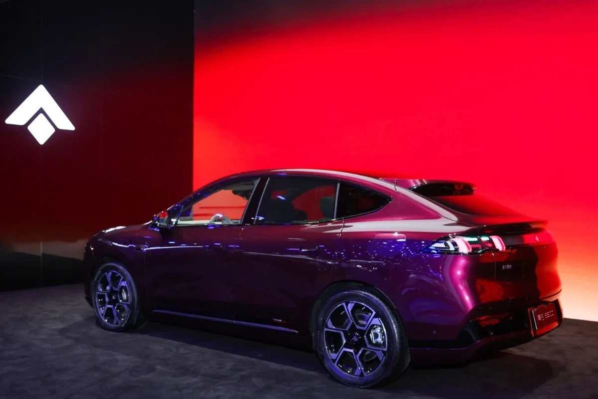 Burgundy Hyptec S600 coupe SUV shown from the rear three-quarter angle at Auto China 2026