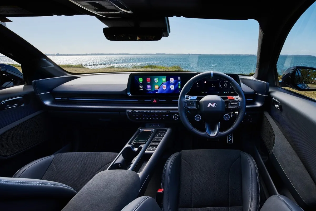 Right hand drive Hyundai IONIQ 6 N cabin with digital displays and N steering wheel