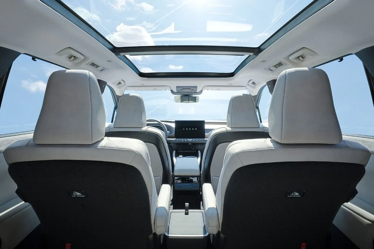Lexus TZ cabin with panoramic glass roof and light trim.