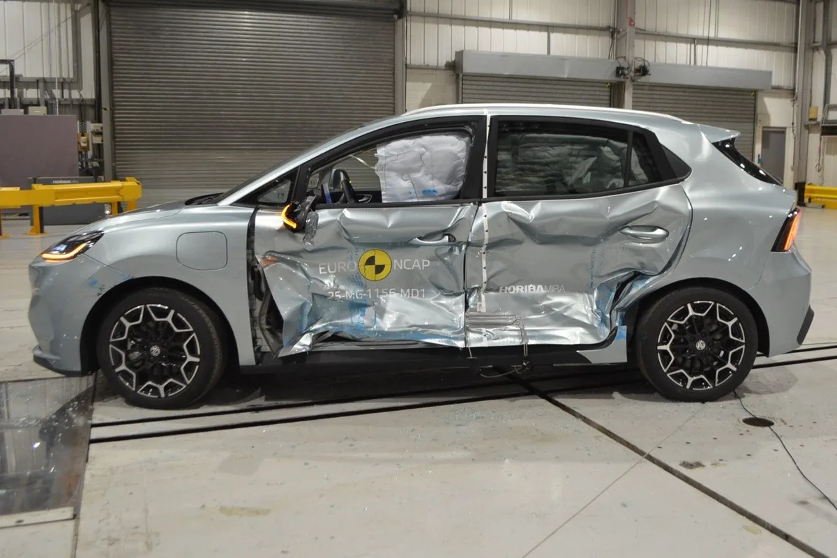 MG4 EV Urban side profile after ANCAP side-impact testing with curtain airbags deployed