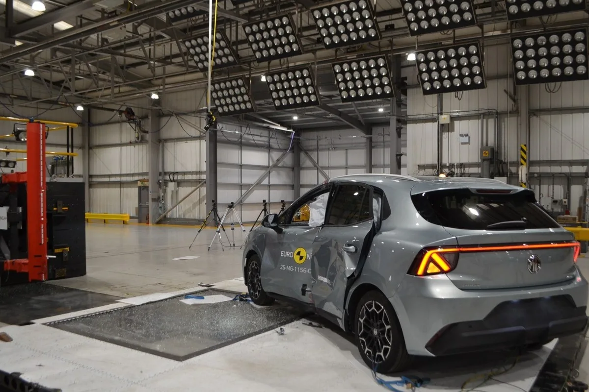 MG4 EV Urban after ANCAP side-impact testing in a crash-test laboratory