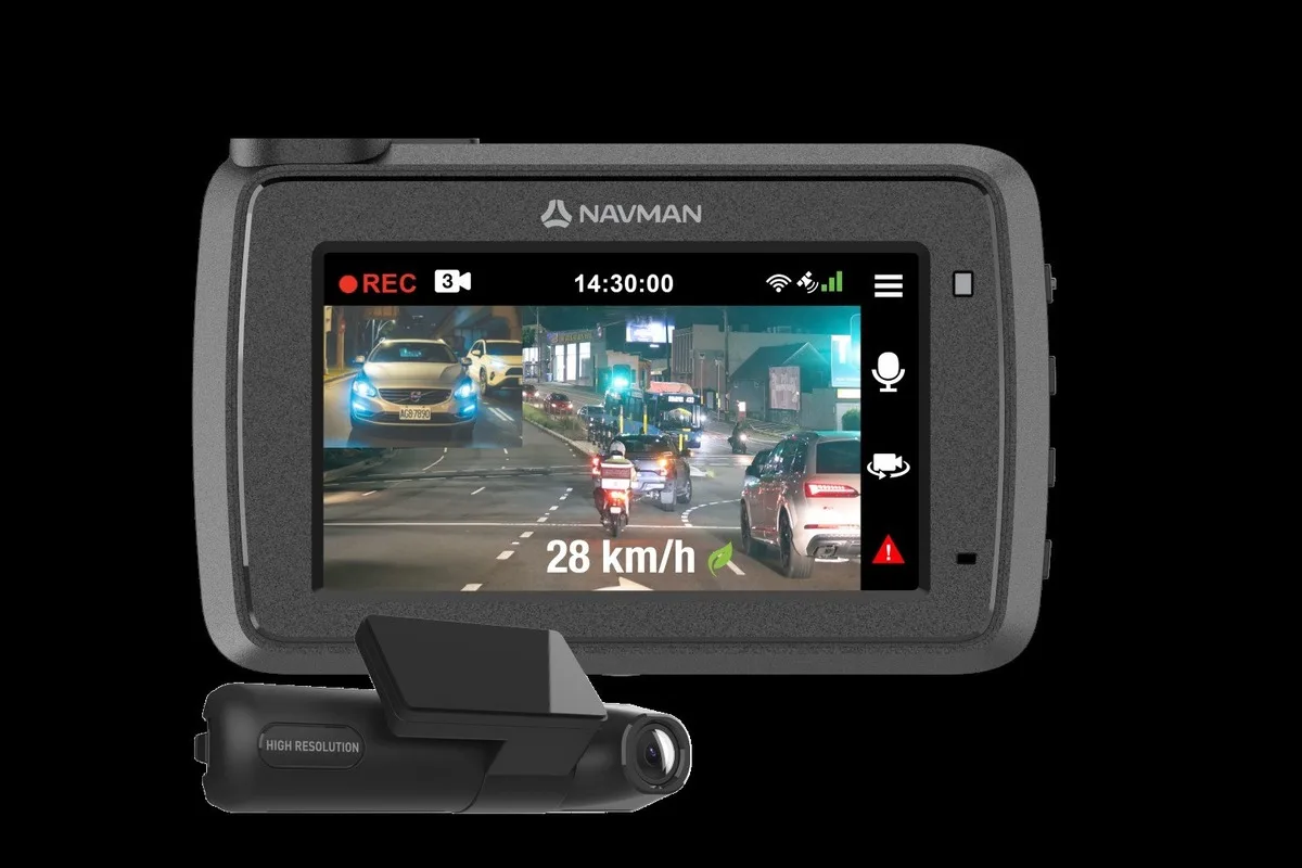 Navman dash cam night recording product render with rear camera module