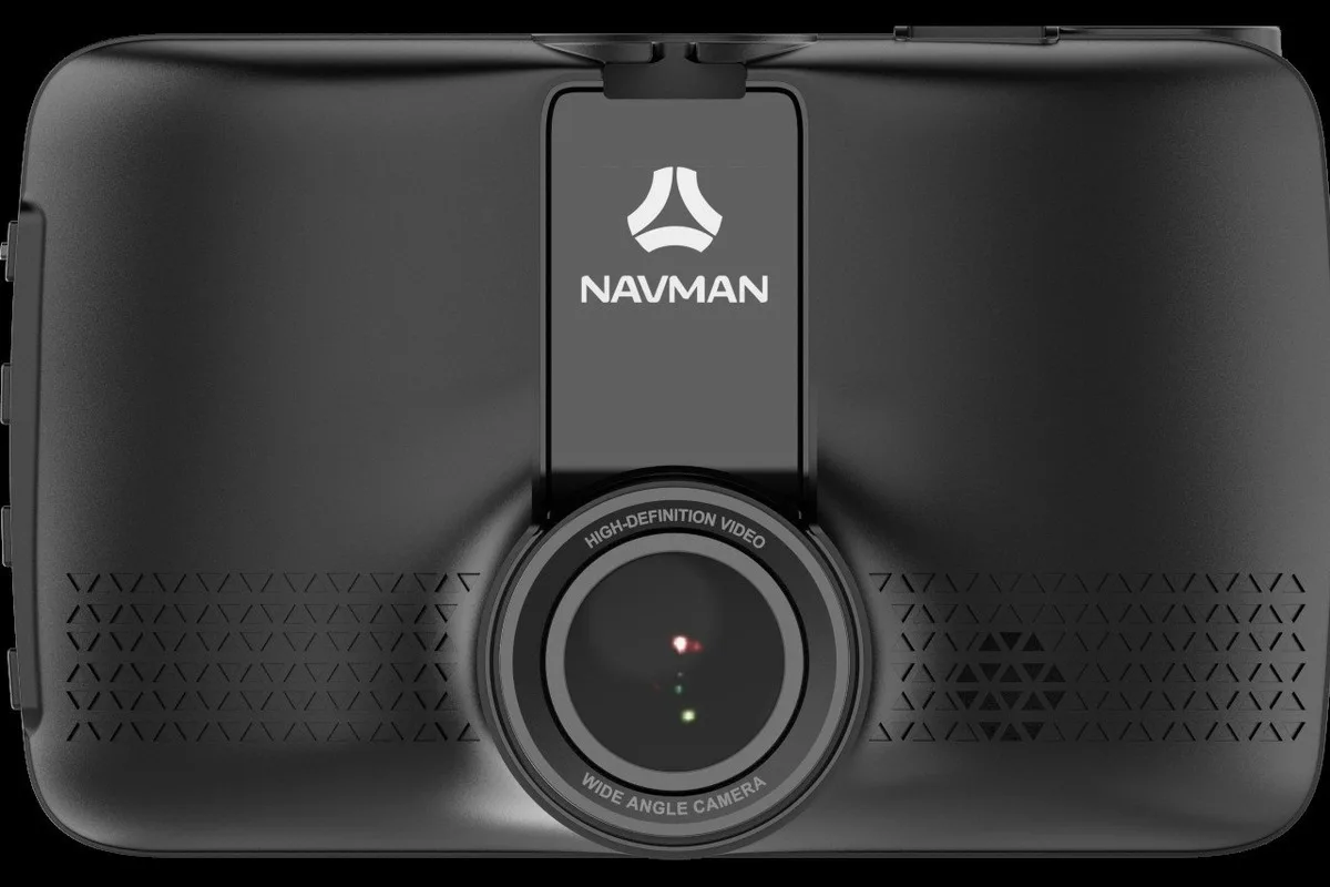 Navman dash cam front lens close-up with wide angle camera text