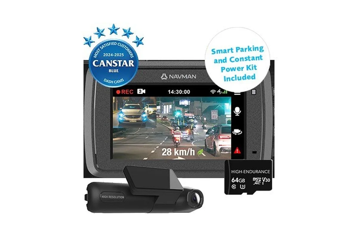 Navman dash cam bundle graphic with 64GB high endurance memory card