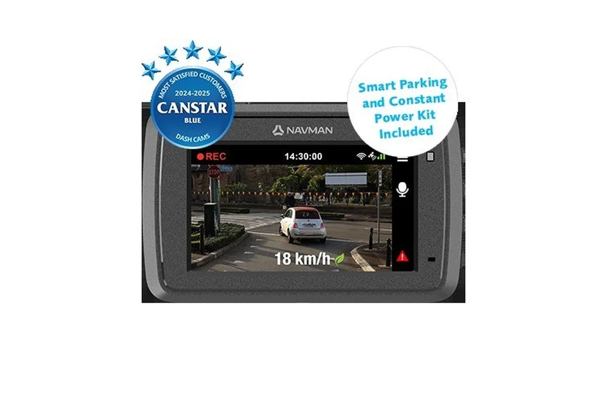 Navman dash cam product graphic with Smart Parking power kit included