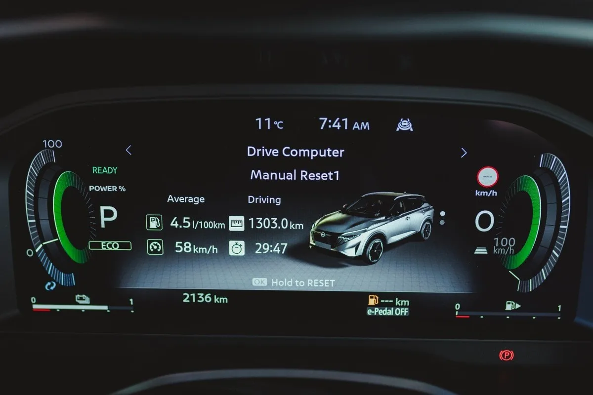 Nissan Qashqai e-POWER trip computer display after the Tasmania economy run.