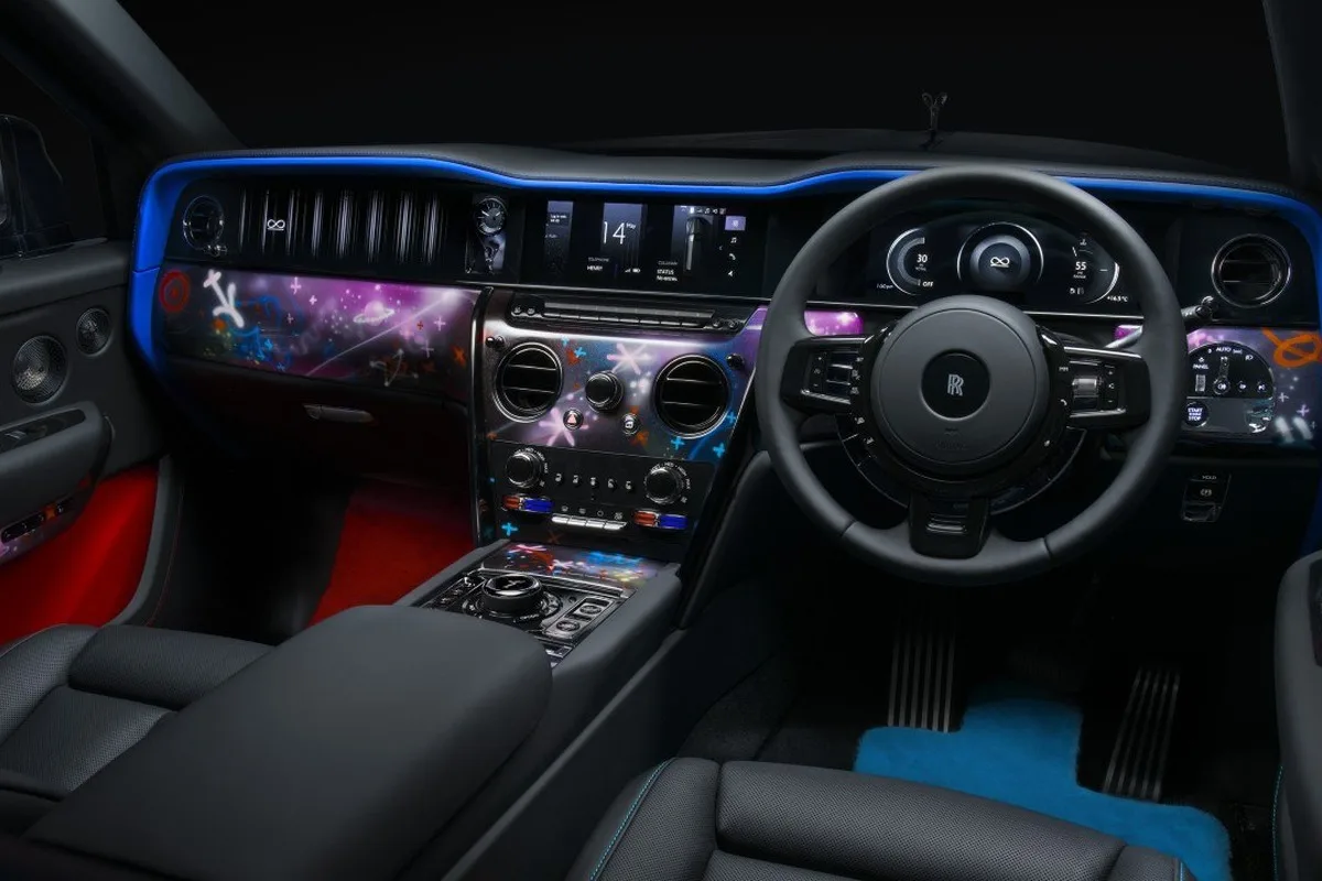 Rolls-Royce Black Badge Cullinan by Cyril Kongo dashboard with vivid illuminated artwork.