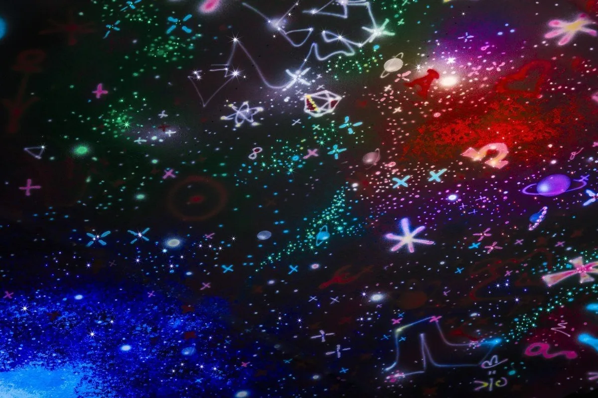 Colourful Cyril Kongo cosmic artwork across the Rolls-Royce Black Badge Cullinan Starlight Headliner.