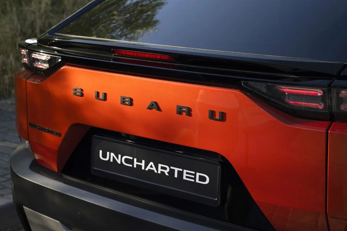 Close-up of the Subaru Uncharted rear badge and tailgate