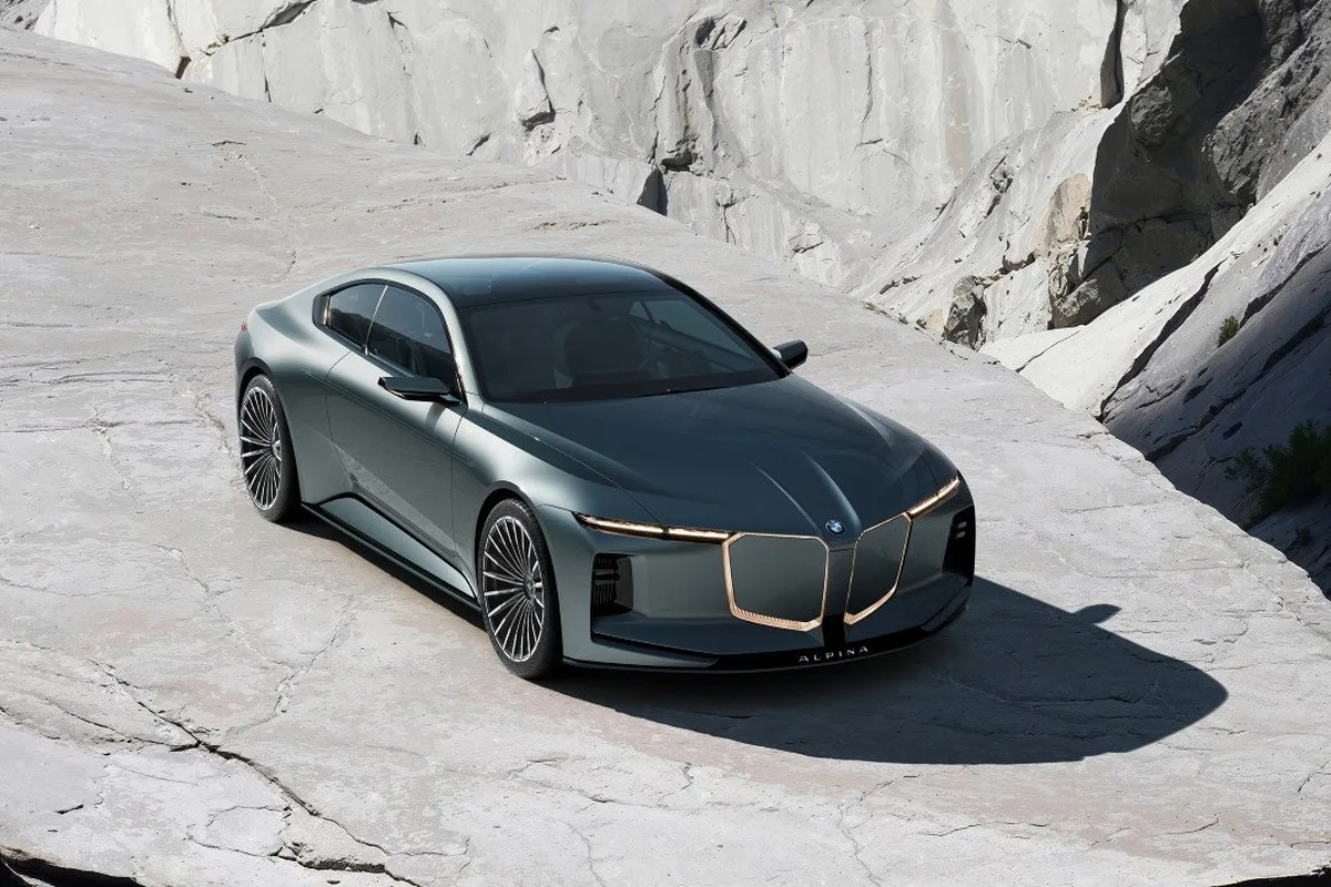 Vision BMW ALPINA concept in muted green grey on pale stone.