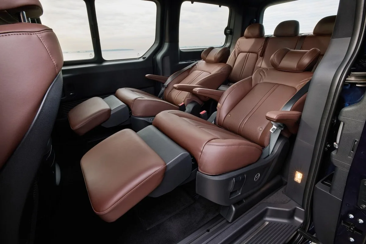 2027 Hyundai Staria Lounge second-row relaxation seats with leg rests extended