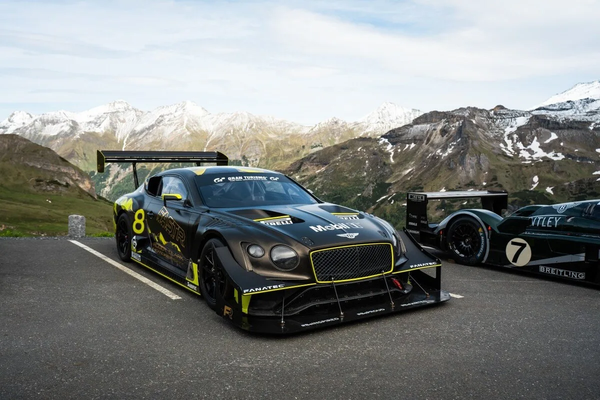 Bentley Continental GT3 Pikes Peak race car displayed beside the Speed 8 at FAT Mankei