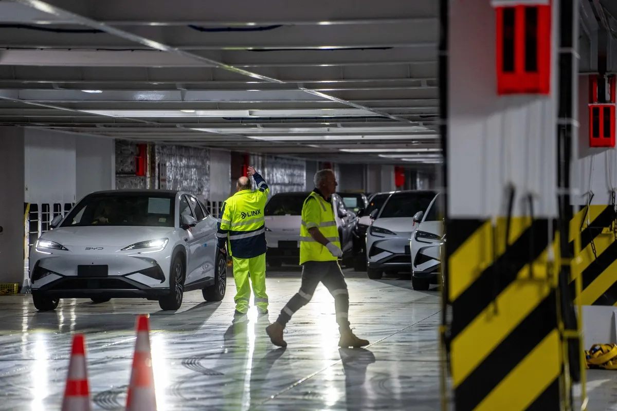 BYD vehicles being unloaded from the BYD Zhengzhou vehicle carrier at the Port of Melbourne
