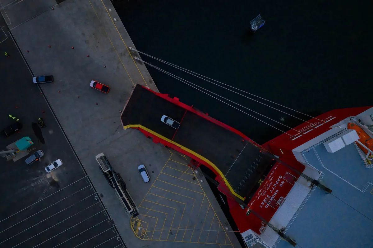 Aerial view of the BYD Zhengzhou stern ramp at the Port of Melbourne