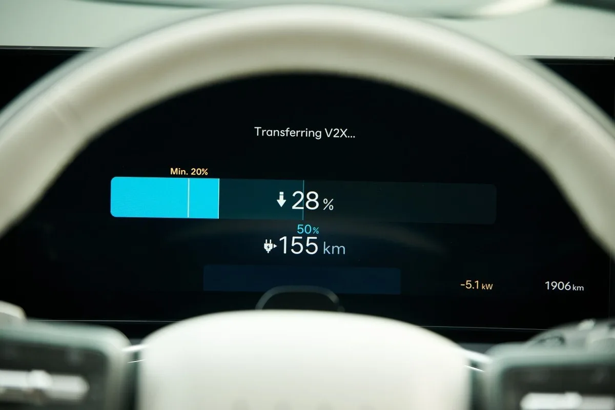 Hyundai IONIQ 9 instrument display showing V2X energy transfer and battery state of charge