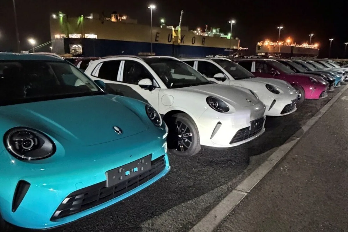 Blue, white, and pink ORA 5 SUVs parked in rows at a port