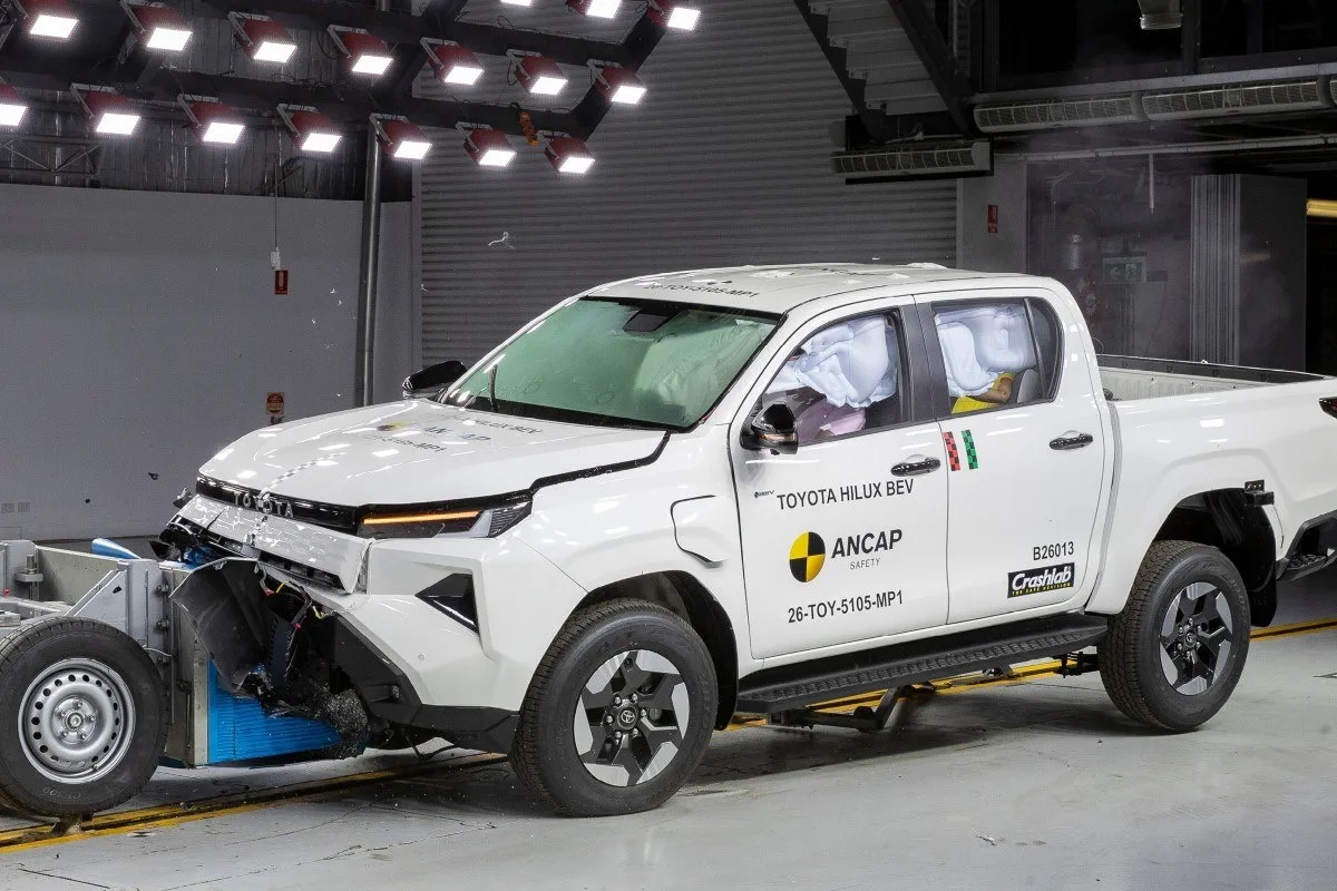 Toyota Hilux BEV undergoing ANCAP frontal offset crash testing.