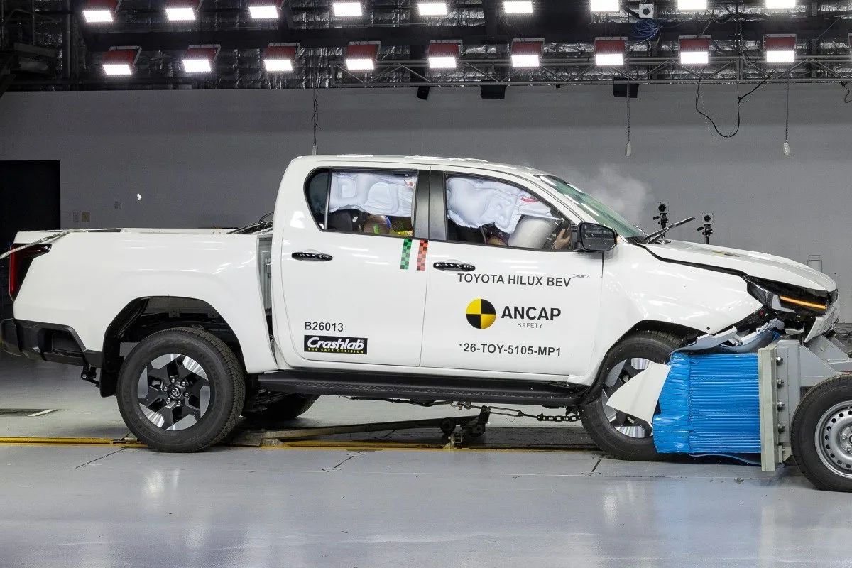 Toyota Hilux BEV after ANCAP crash testing with airbags deployed.
