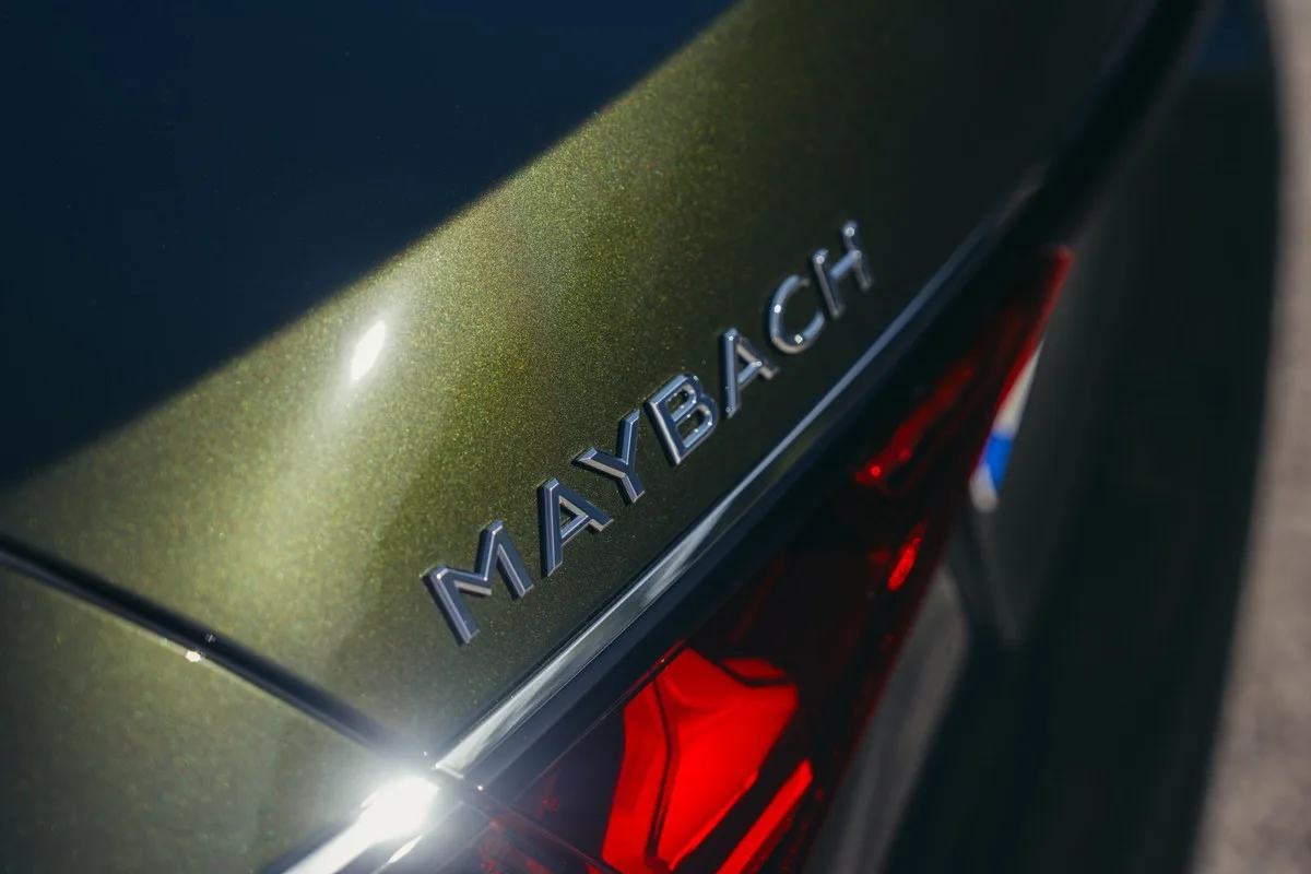 Chrome MAYBACH lettering on the olive green metallic bootlid of the Mercedes-Maybach S-Class