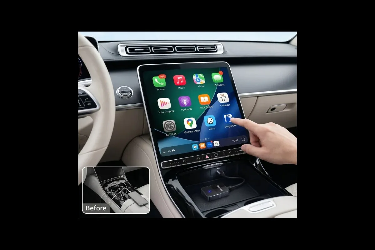 Wireless Apple CarPlay running on a factory infotainment screen with the OttoSafe adapter in the console