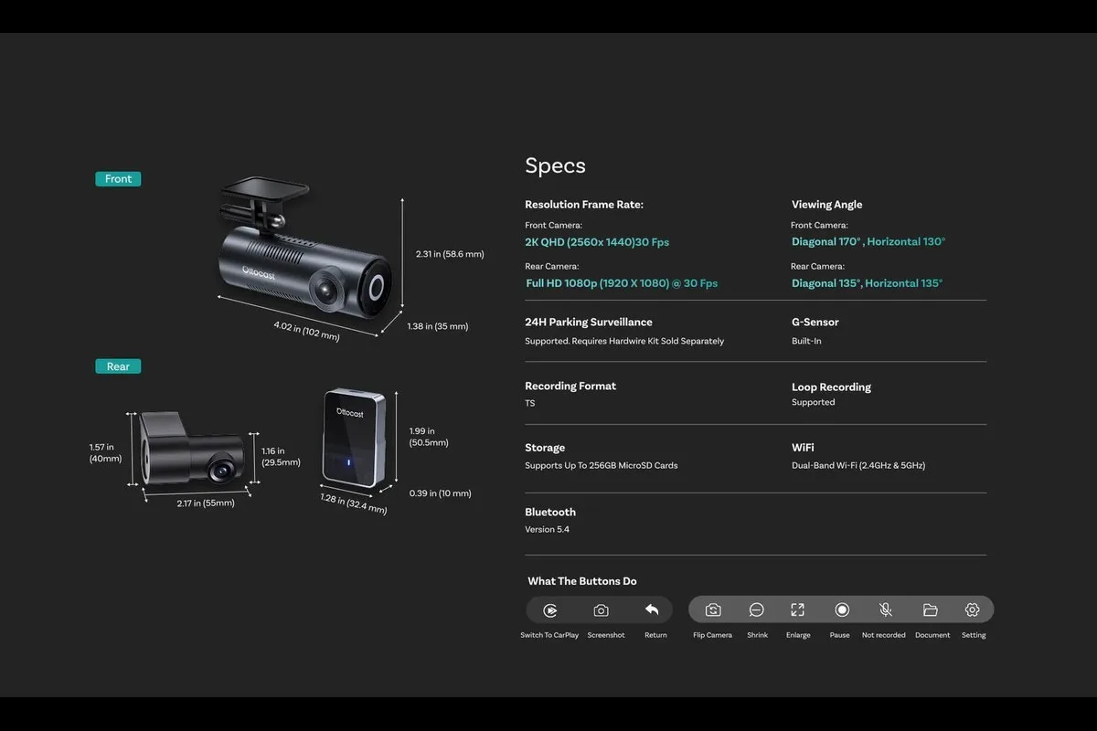 OttoSafe Cam specification sheet listing resolution, viewing angles, storage and connectivity