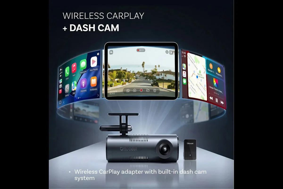 OttoSafe Cam shown with wireless CarPlay and dash cam screens