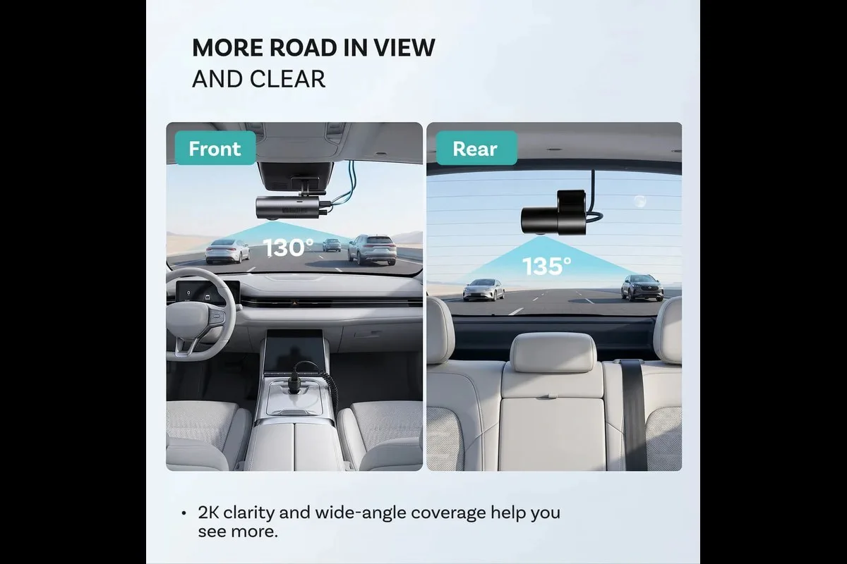Front 130 degree and rear 135 degree camera coverage illustrated