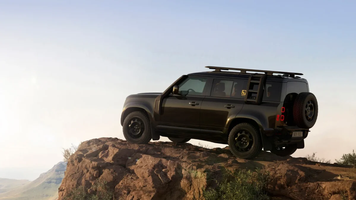 Land Rover Defender Trophy Edition on a rocky outcrop