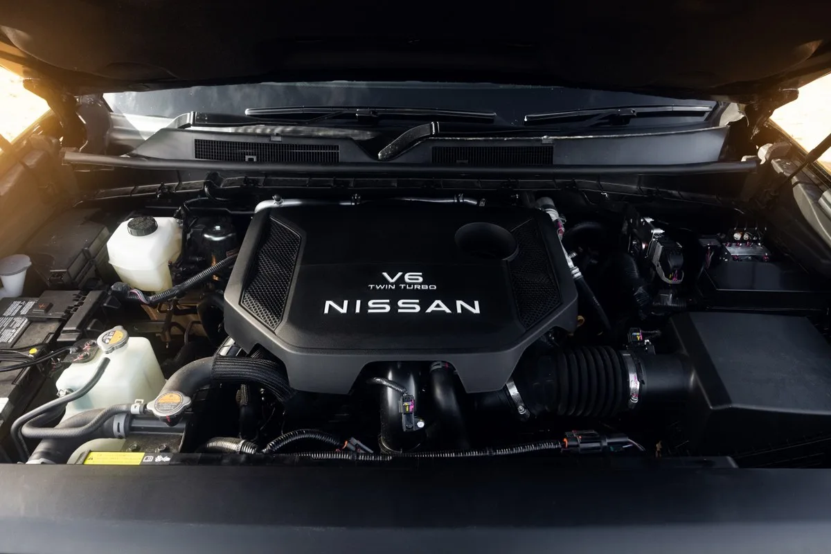 Open bonnet of the Nissan Y63 Patrol showing the 3.5-litre twin-turbo V6