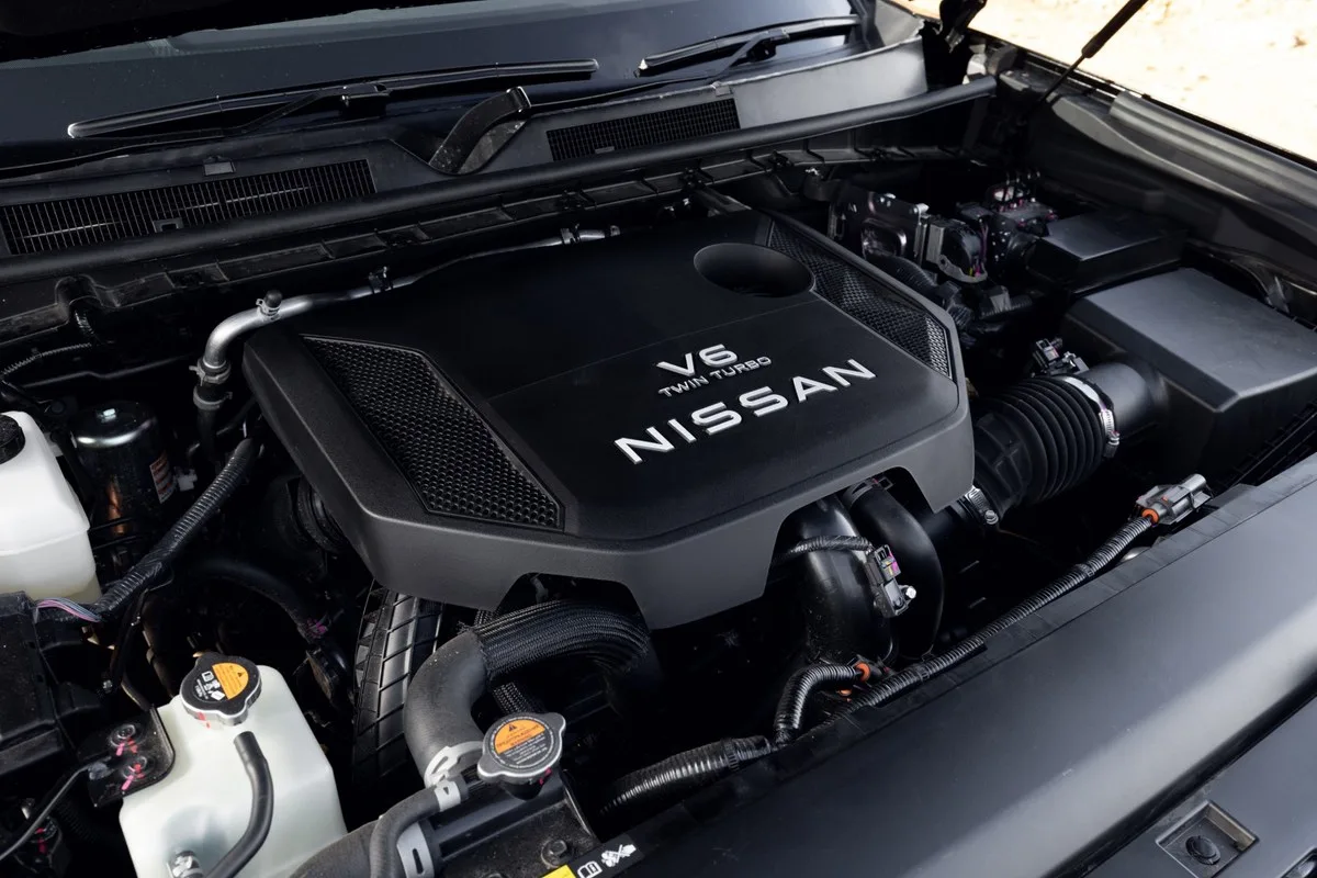 Close view of the Nissan V6 twin-turbo engine cover in the Y63 Patrol