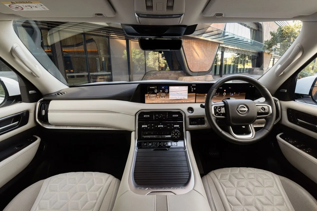 Cream leather cabin of the 2027 Nissan Y63 Patrol with twin dashboard screens