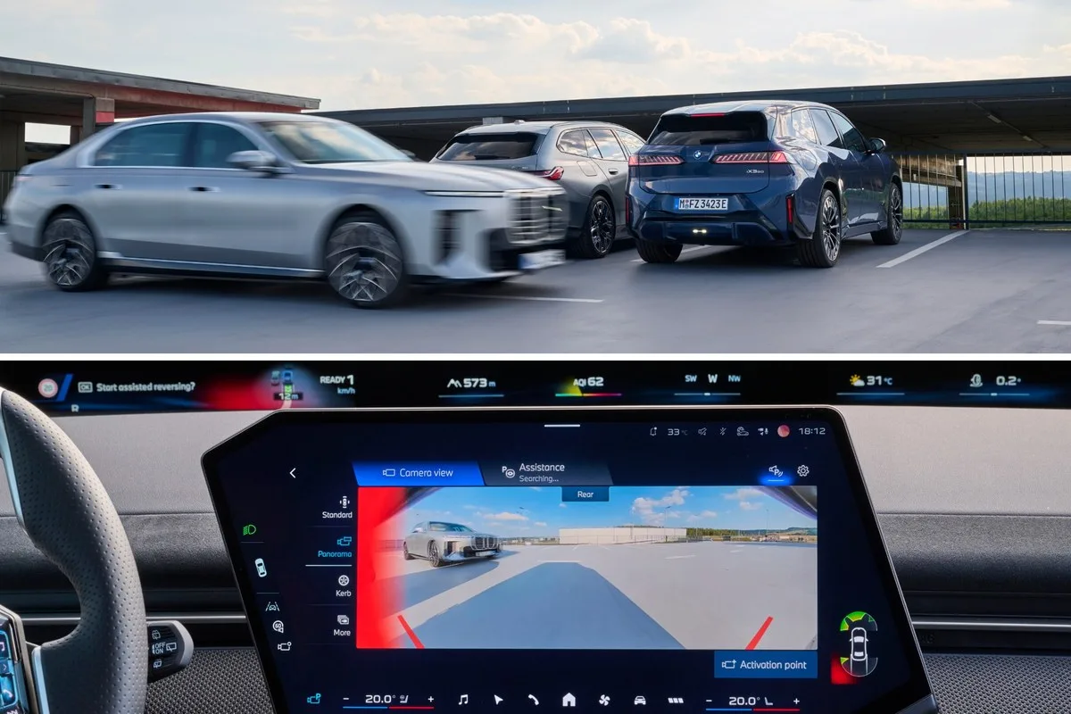 Two BMWs manoeuvring in a car park beside a BMW iX3, and the rear camera view on the centre screen