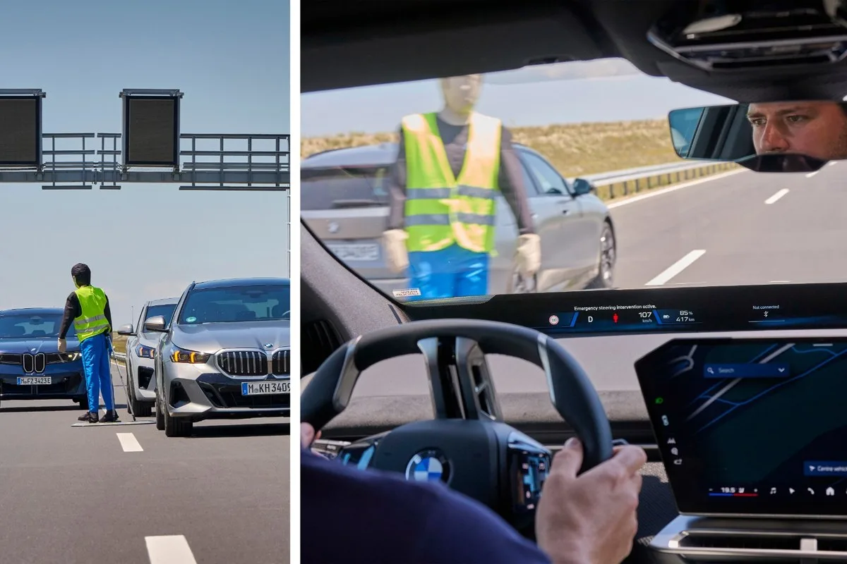 A dummy in a hi-vis vest standing between two BMWs on a motorway, and the same scene from the driver's seat with an emergency steering message