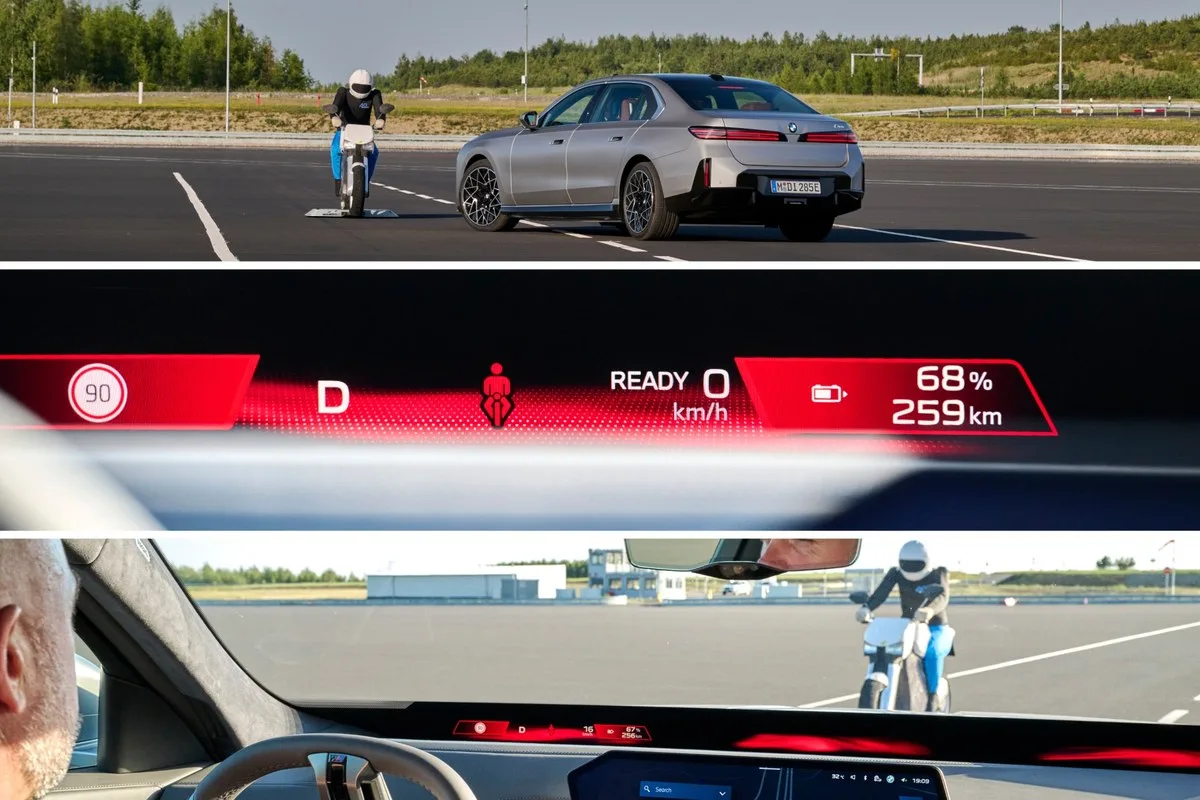 BMW 7 Series with a motorcycle dummy behind it, and the red exit warning across the driver display