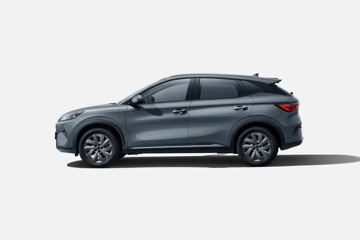Grey BYD ATTO 3 EVO electric SUV in side profile showing the slimmer side skirts and roof rails