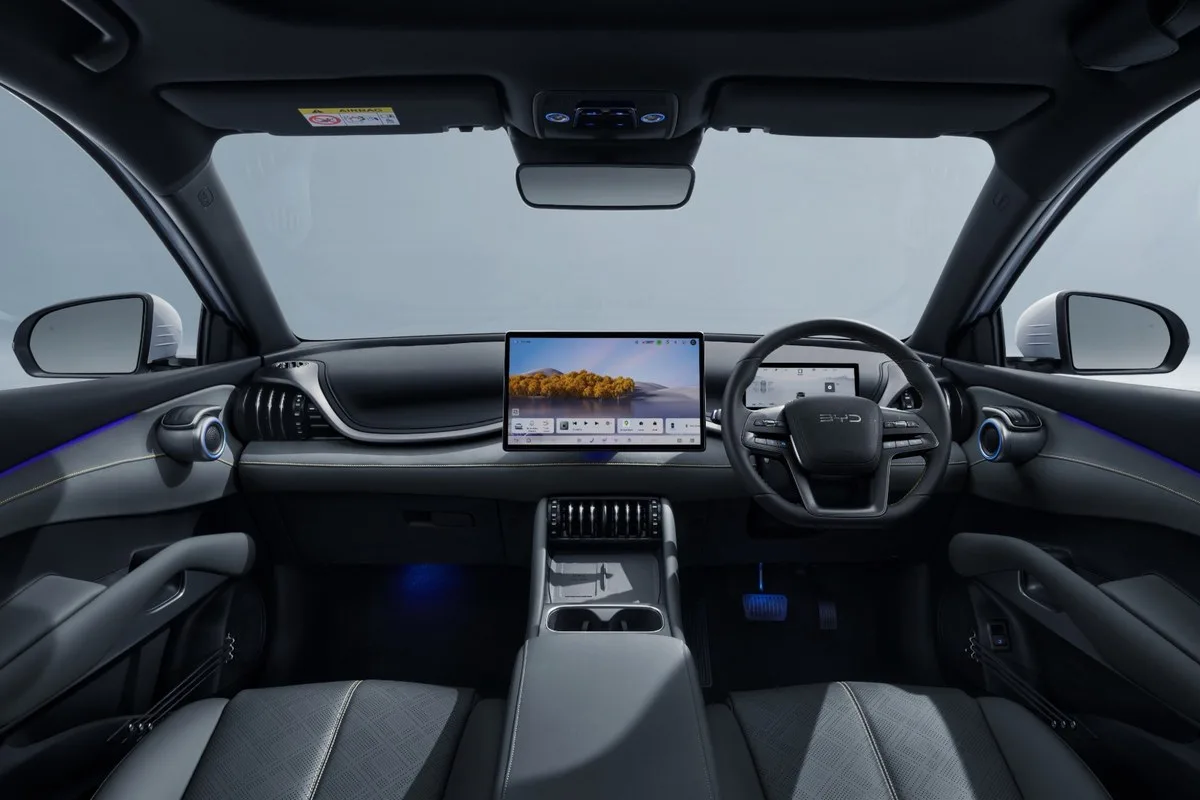 BYD ATTO 3 EVO dashboard with rotating centre touchscreen and column-mounted gear selector