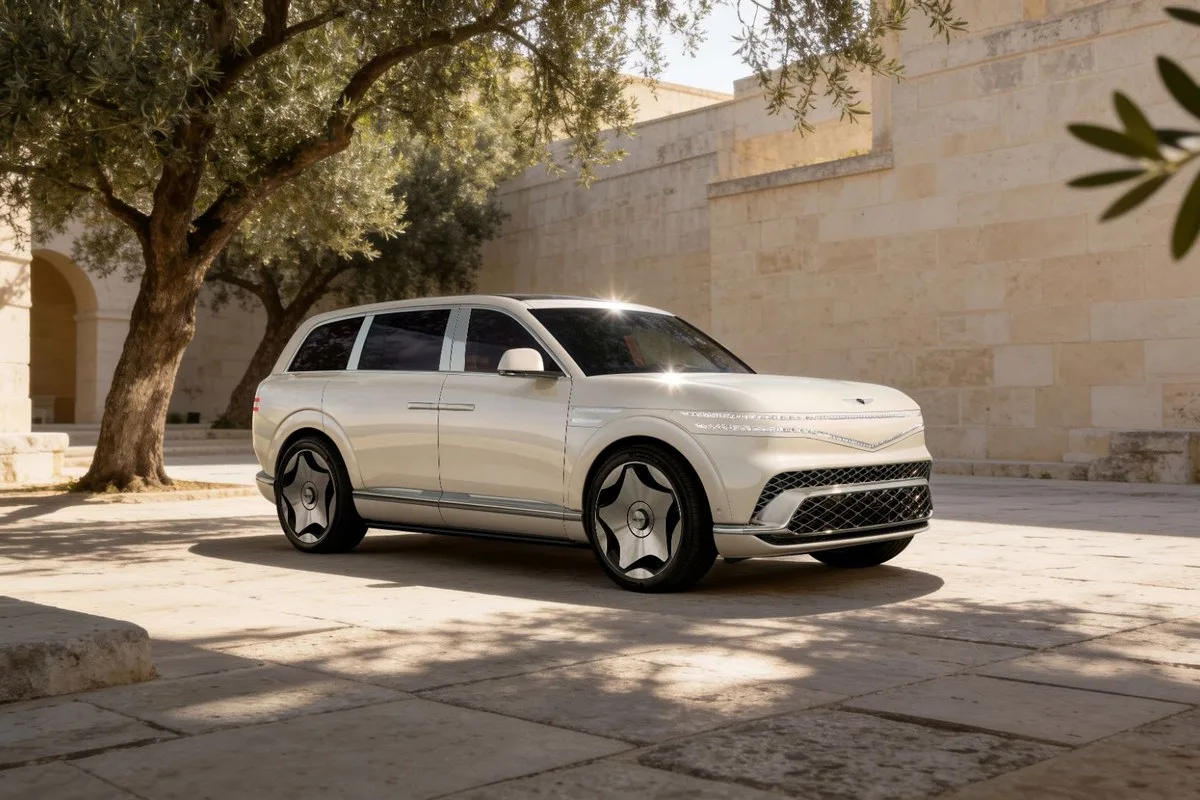 Cream Genesis GV90 front three-quarter view in a stone courtyard