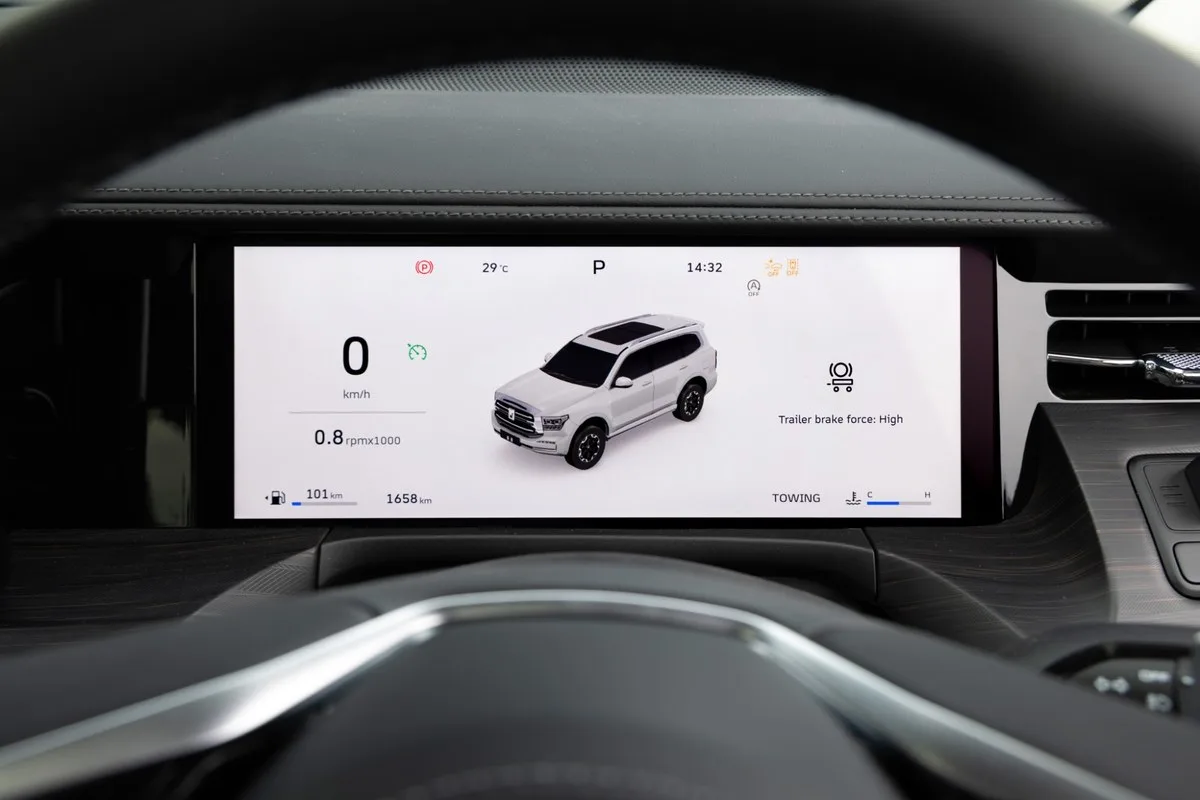 GWM Tank 500 digital instrument cluster showing towing mode and trailer brake force