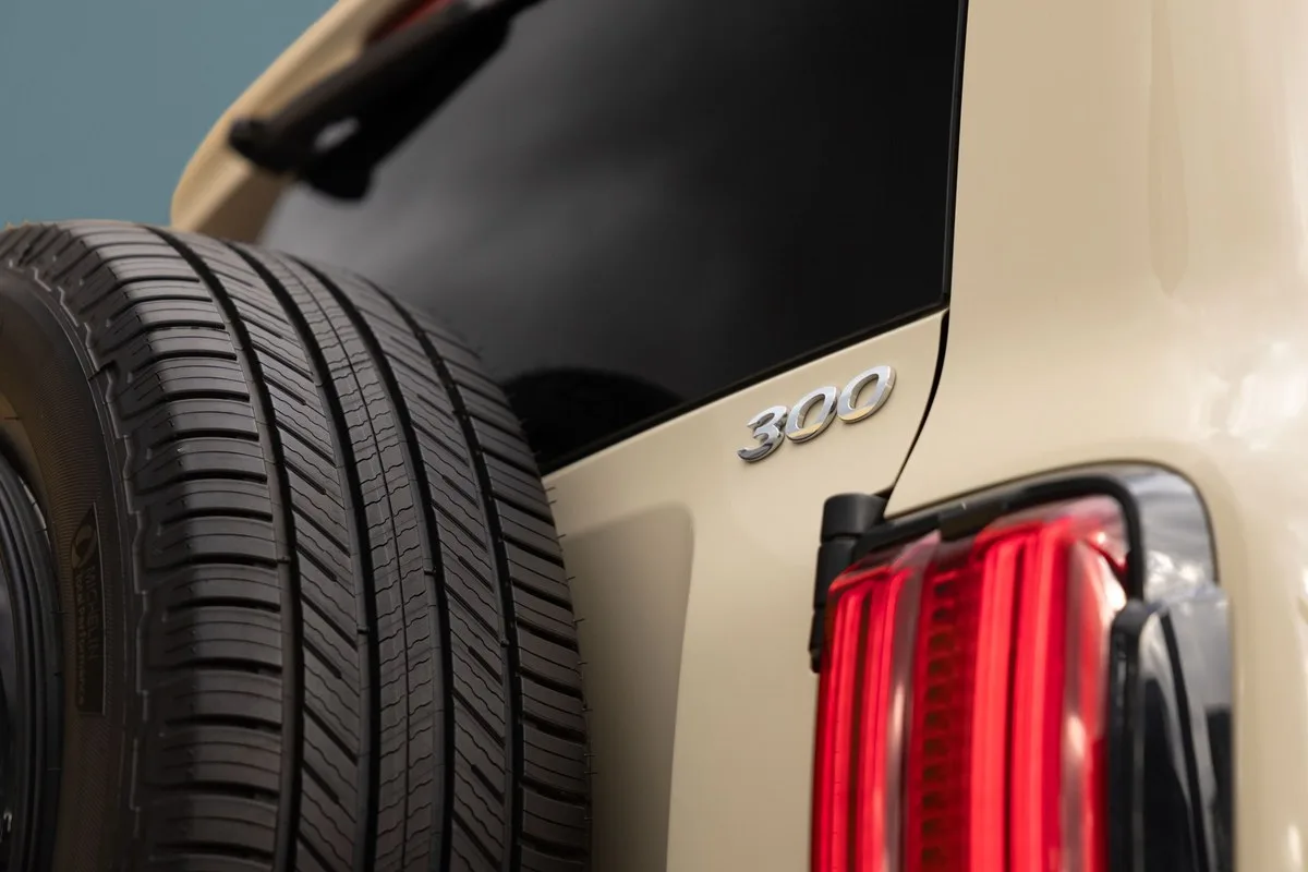 Close-up of the tailgate-mounted spare wheel, 300 badge and tail light